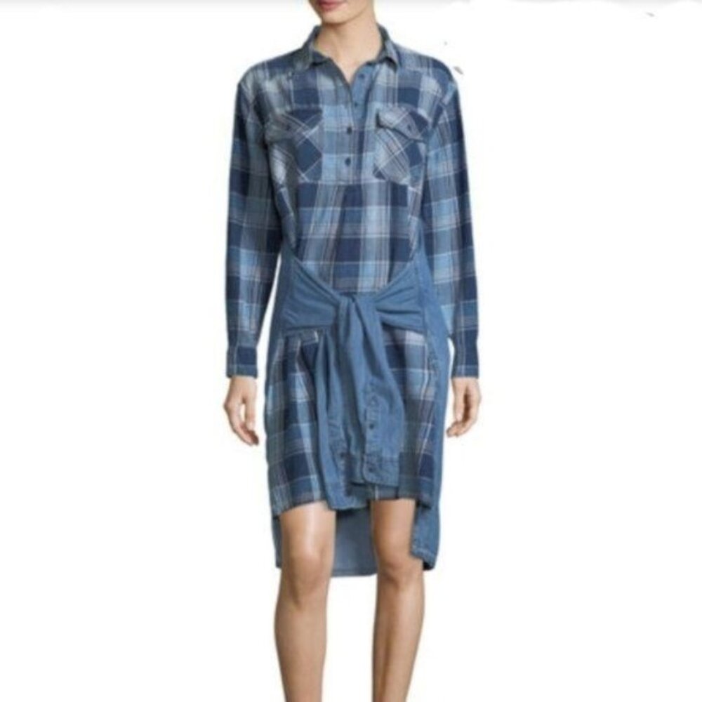 Current/Elliot Chambray Plaid & Denim Sleeve Tie Shirt Dress 4